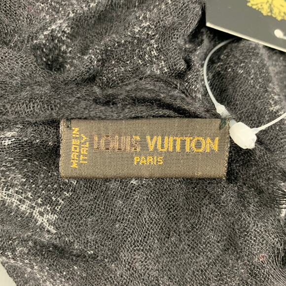 LOUIS VUITTON Black Grey Checkered Cashmere Silk Scarves - Picture 4 of 6